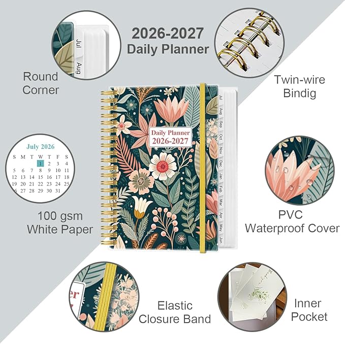 2026-2027 Daily & Monthly Planner - One Page Per Day, Daily Planner 2026-2027 from July 2026 to June 2027, Planner 26-27 with 12 Monthly Tabs, 6.4" x 8.5", Flower-B