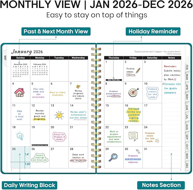 2026 Planner, Weekly and Monthly Calendar Planner Book, January 2026 - December 2026, Hardcover Spiral Planner with Monthly Tabs, Notes Pages, Perfect for Women & Men, A5 (6.4" x 8.5") - Turquoise