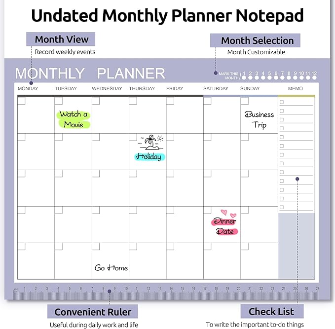 Phyxin Undated Planner, 54 Sheets Blank Calendar, 11.2" x 8.3" Monthly Calendar Planner, Tear Off Undated Monthly Planner with Memo for Women, Students, Teachers, Purple