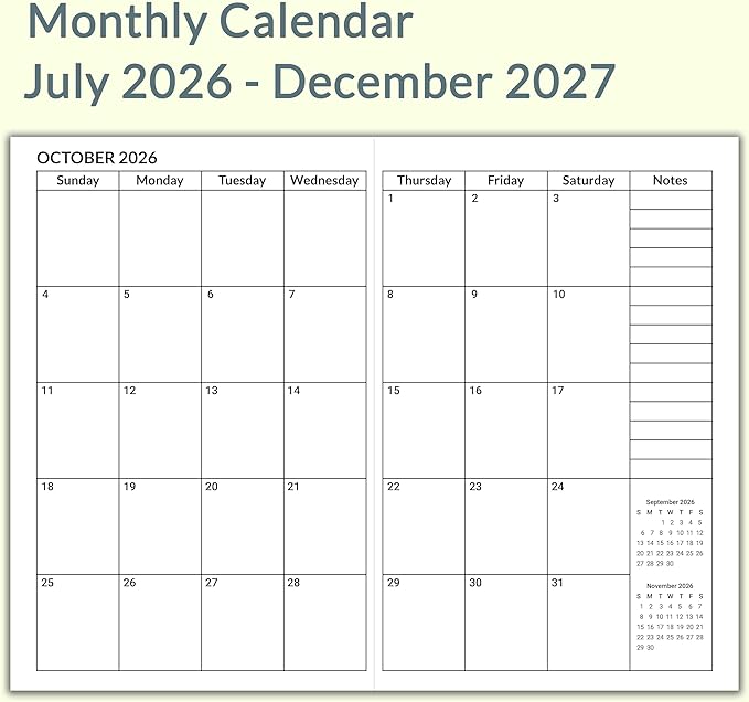 A5 Planner Jul 2026 - Dec 2027, Travelers Notebook Inserts, Travelers Notebook Calendar, Vertical Design Weekly and Monthly Calendar, 100gsm Paper, 8.3 x 5.5 in, Set of 3