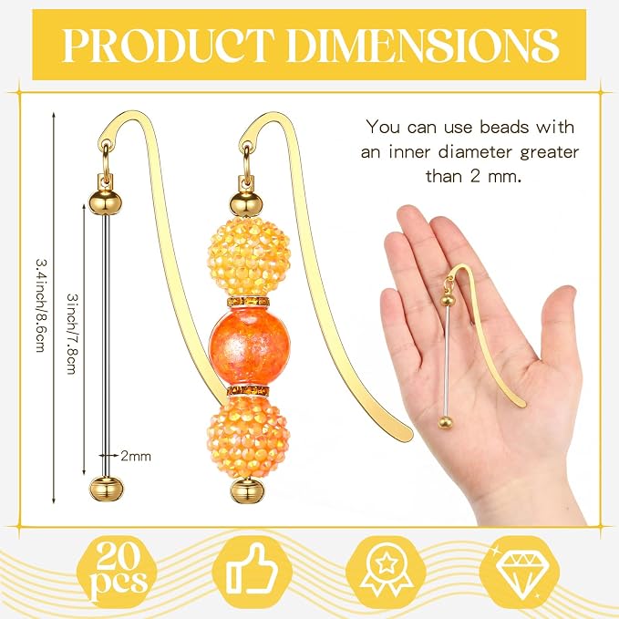 Dunzoom 20 Pcs Beadable Bookmarks DIY Metal Blank Bar Bookmark for Beads Modern Bead Craft Jewelry Pendant Charm Gift for Book Lovers Student Teacher Office Supplies (Gold)