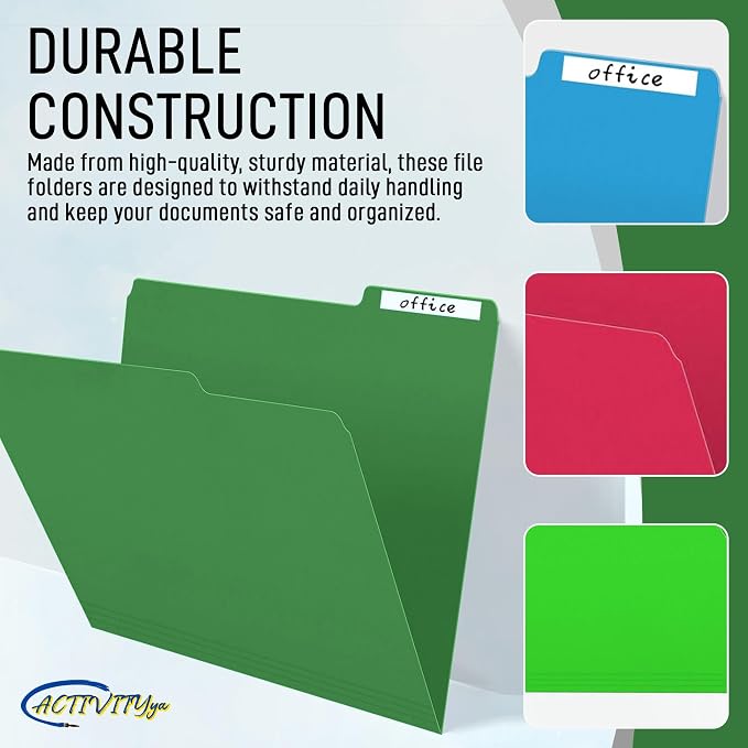 Green File Folders, 1/3-Cut Tabs, Letter Size, 12-Pack – Durable Office Filing Folders for Documents, Papers, and Organization