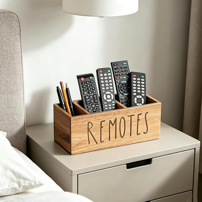 Remote Control Holder, Farmhouse Wood TV Organizer for Table, Wooden Remote Control Organizer, Remote Storage Caddy, Remote Control Organizer (Brown, 9.8 Inch-Labeled REMOTE)