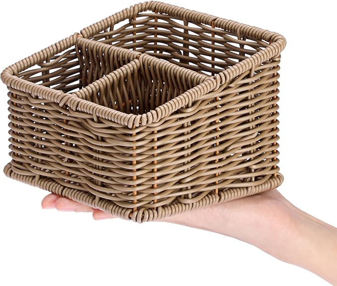BTSKY 3 Slots Natural Woven Remote Control Holder for Desk Rattan Media TV Caddy Storage Holder Office Supply Storage Rack Desk Accessories Organizer For Living Room Bedroom Countertop, Dark Brown