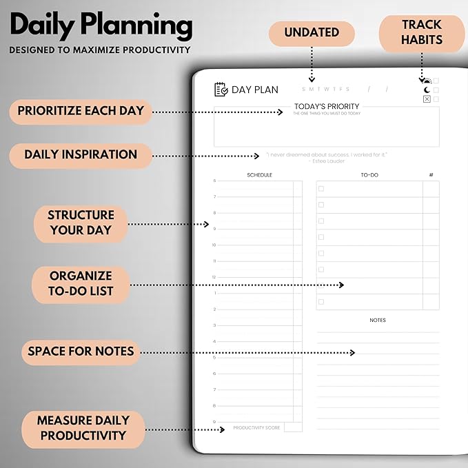 Wyze Planner Undated Daily Planner – 6-Month A5 Productivity Organizer with Full Page Per Day, Hourly Schedule, Goal Setting, Habit Tracker, Weekly & Monthly Pages – Hardcover Time Management Notebook (Rose Gold)