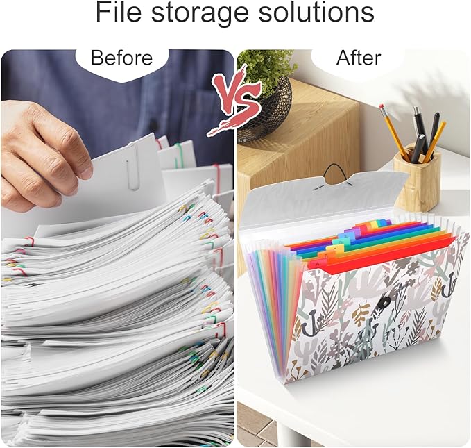 Uquelic 13-Pocket Expanding File Folder, Accordion File Holder with Elastic Buckles Closure – Holds Letter/A4 Size Documents, Floral Printed Accordion Folder, School Office Supplies(Seagrass Print)