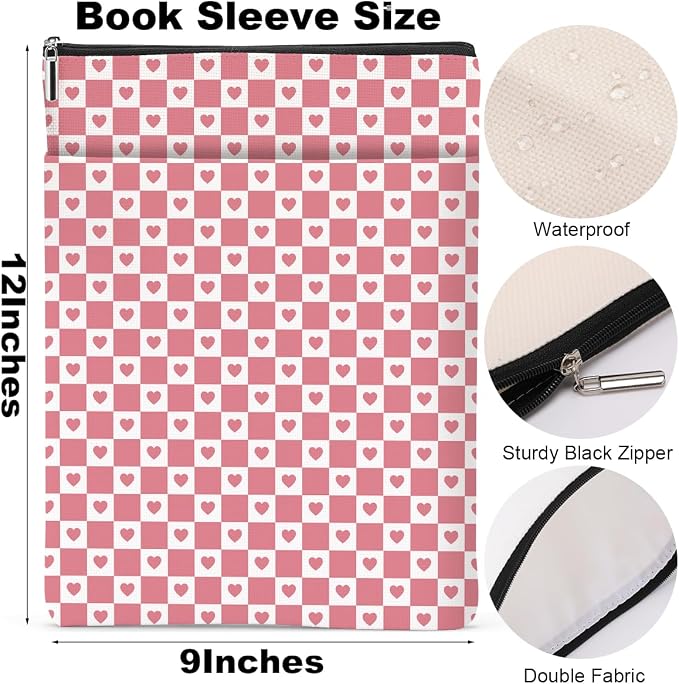 Heart Plaid Book Lovers Gifts Book Sleeve Vintage Checkered Waterproof Book Cover Book Pouch Book Protector with Front Pocket Book Club Christmas Birthday Gifts for Women Girl Niece Book Accessories
