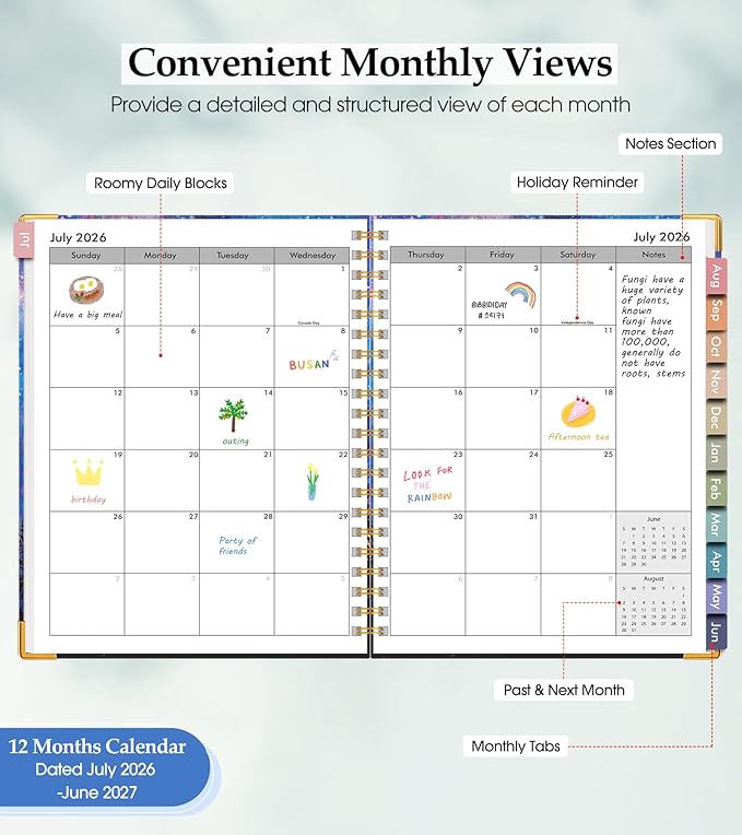 Academic Planner 2026-2027, Hardcover Leather Weekly and Monthly Calendar Planner from July 2026 - June 2027, A5 6.1" x 8.2" Daily Agenda with Tabs, College School Organizer for Student Teacher, Forest Under a Starry Sky