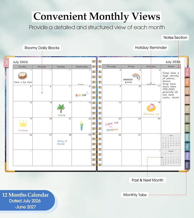 Academic Planner 2026-2027, Hardcover Leather Weekly and Monthly Calendar Planner from July 2026 - June 2027, A5 6.1" x 8.2" Daily Agenda with Tabs, College School Organizer for Student Teacher, Forest Under a Starry Sky