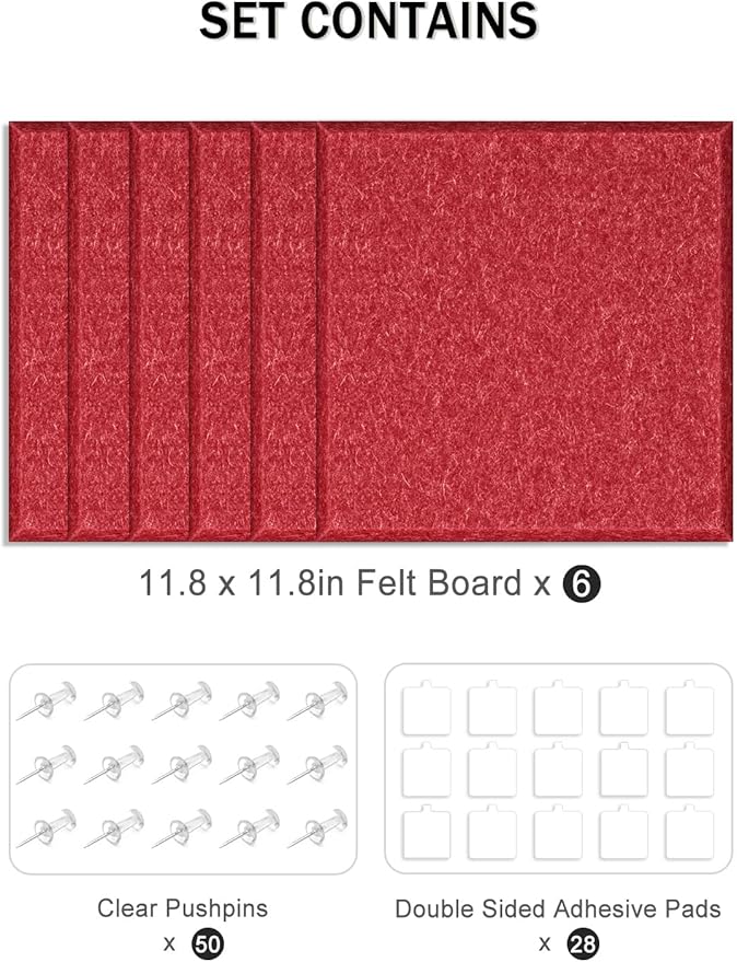 Hsurbtra Large Cork Board for Wall 36 x 24 Inch, 6 Pack Felt Bulletin Notice Board with Pushpins for Office Home School Farmhouse Wall Decor, Red