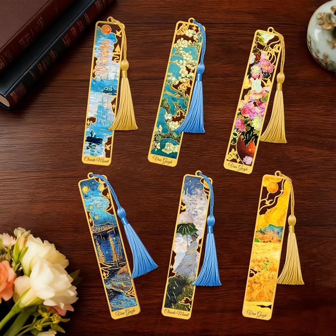 Kinsound Metal Bookmarks with Tassel, Golden Van Gogh Monet Oil Painting Theme Cute Hollow Book Markers for Reading Women, Teachers, Students, Reading Accessories Gifts for Book Lovers (Style B(6PCS))