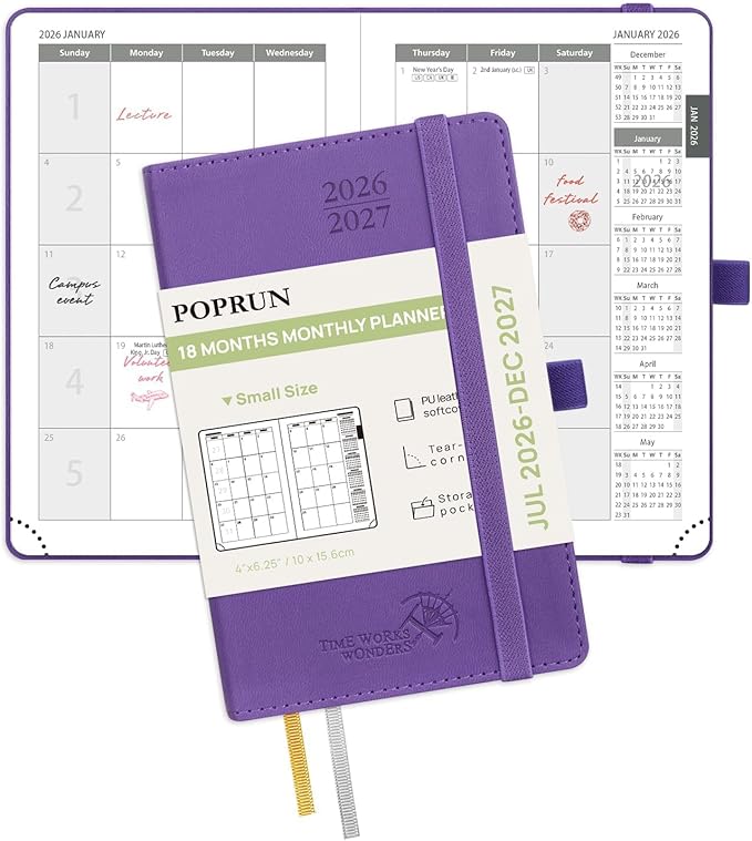 POPRUN Pocket Monthly Planner 2026-2027 (Pocket- 4''x 6.25''Soft Leather Cover) - 18 Month Calendar Book for Purse (Jul.2026-Dec.2027), 100 GSM Thick Paper - Purple