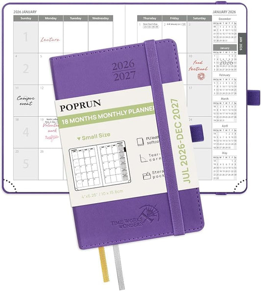 POPRUN Pocket Monthly Planner 2026-2027 (Pocket- 4''x 6.25''Soft Leather Cover) - 18 Month Calendar Book for Purse (Jul.2026-Dec.2027), 100 GSM Thick Paper - Purple