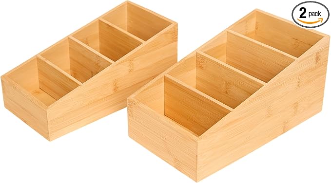 2 Pack Bamboo Snack Organizer for Kitchen, Cabinet, Office,countertop, Wood Food Pantry Organizers and Storage for Spices, Snacks, Tea, Coffee, Seasoning Pouches (4 Section)