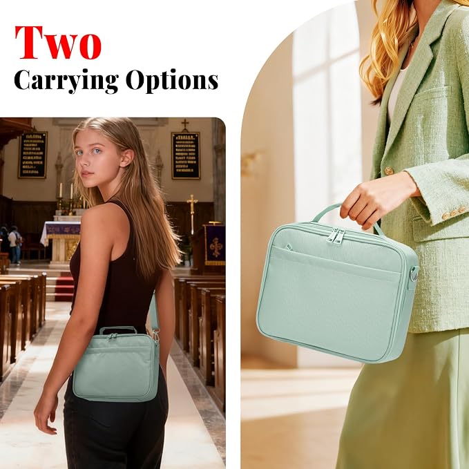 SUNEE Bible Cover for Women, Large Bible Bag w/Shoulder Strap Carrying Book Case w/Pen Slots and Zippered Pocket, Gift for Women & Men, Sage Green