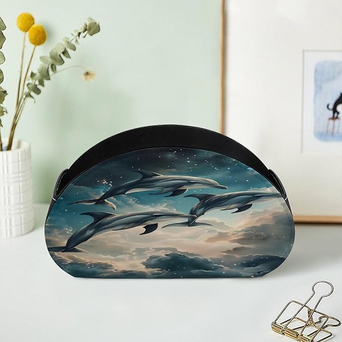 Dolphin Starry Sky Galaxy Ocean Remote Control Holder with 5 Compartment PU Leather Multi Functional Desk Storage for TV Remotes Office Supplies
