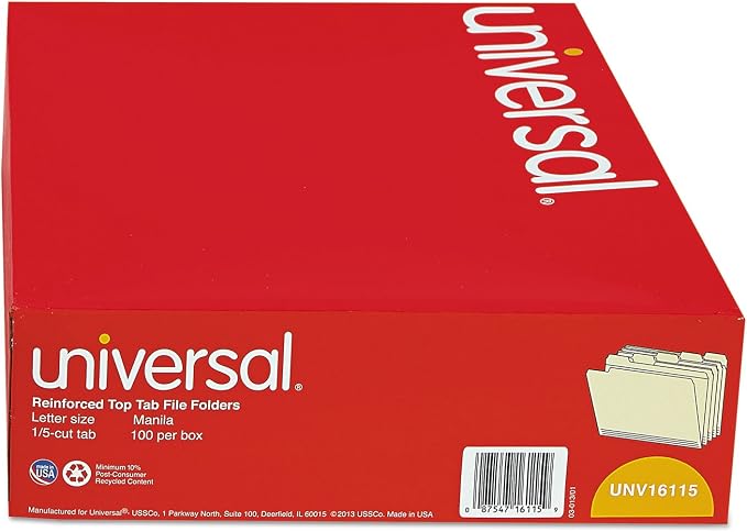 Universal 16115 File Folders, 1/5 Cut Assorted, Two-Ply Top Tab, Letter, Manila, 100/Box