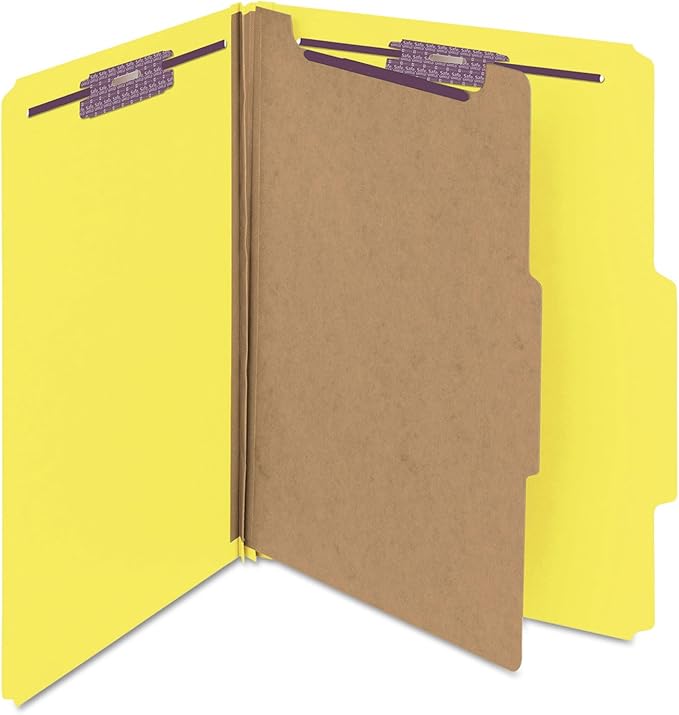 Smead Pressboard Classification File Folder with SafeSHIELD Fasteners, 1 Divider, 2" Expansion, Letter Size, Yellow, 10 per Box (13734)
