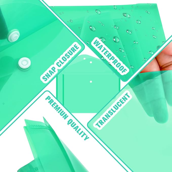 24 pcs Plastic Filing Envelopes with Snap Button Closure ，Clear Document Folders for Letter A4 Size Files ，Poly Folders，for School and Office Supplies（Green）