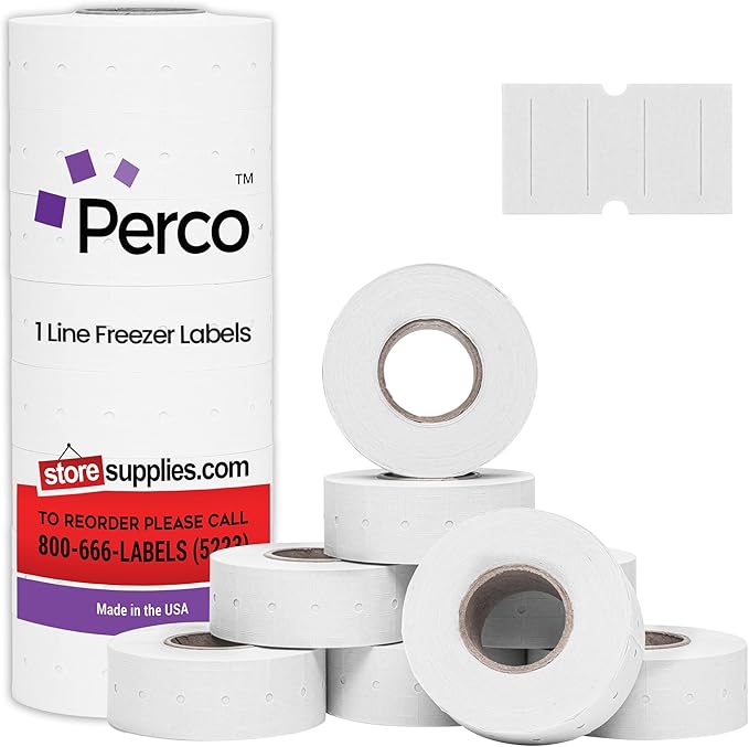 Perco 1 Line Freezer Adhesive Labels - 8 Rolls, 1 Sleeve, 8,000 Blank Price and Date Gun Labels for Perco Lite, X, Plus and Pro 1 Line Price and Date Guns - Made in USA