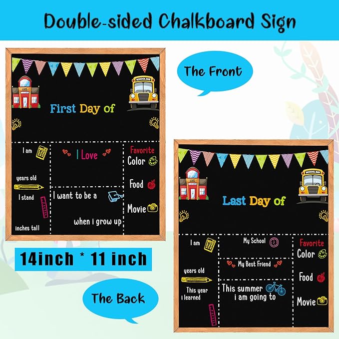 First Day of School Sign - 14" X 11" Double-Sided Board With Frame for Kids - Chalkboard for First & Last Day, Back to School Supplies for Preschool Kindergarten 1st Grade