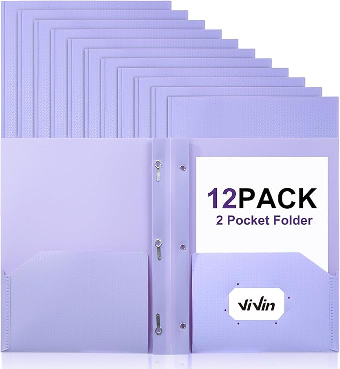ViVin Sturdy Plastic Folder with Pockets,12 Pack,Heavy Duty Two Pocket 3 Prong Folders,Holds Letter Size Paper,File Folders with Business Card Slot for School Home and Office(Light Purple)