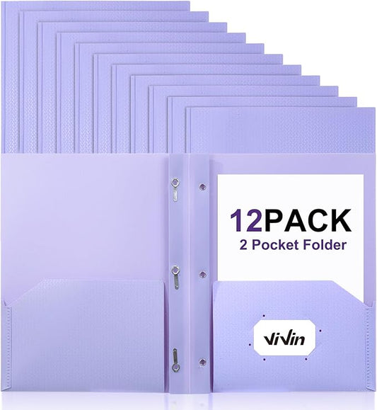 ViVin Sturdy Plastic Folder with Pockets,12 Pack,Heavy Duty Two Pocket 3 Prong Folders,Holds Letter Size Paper,File Folders with Business Card Slot for School Home and Office(Light Purple)