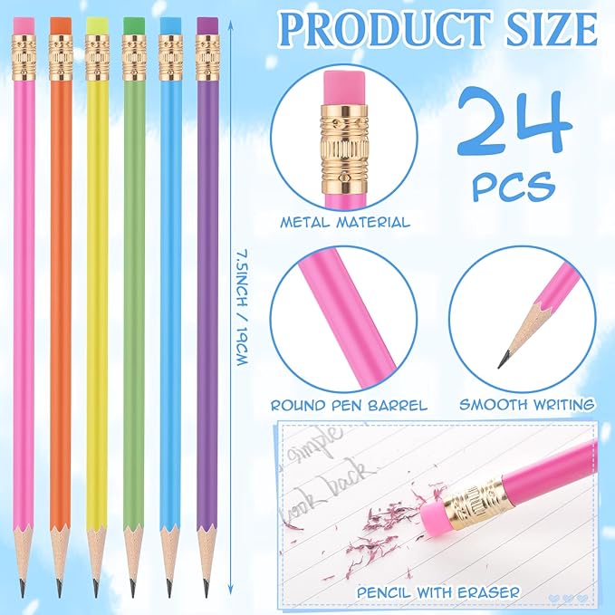 24 Pcs Round Pencils with Eraser 2 HB Cute Pencils Bulk for School Graphite Wood Color Unsharpened Pencil for Drawing Sketching Wedding School Teacher Supplies Student Reward(Rainbow Colors)