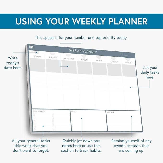 Clear Mind Concepts Weekly Desk Planner - Large 11.3” x 16.5” Tear-Off Pad, 52 Undated Sheets, Thick 120gsm No-Bleed Paper - To-Do List, Notes & Weekly Schedule Organizer