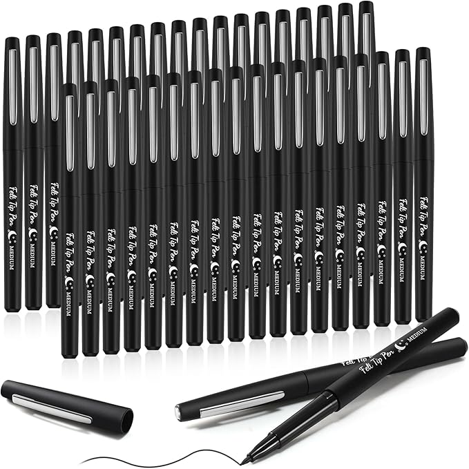 Fuyoooo 36 Pcs Black Felt Tip Pens 0.7mm Medium Point Felt Tip Marker Pens Bulk, No Smear, Quick Dry for Journaling Planner Writing Note-taking Art Office and School Supplies