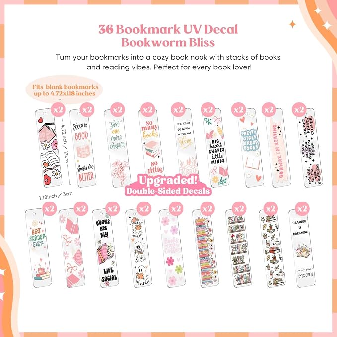 Kaciola 36 Sheets Booklover Theme UV DTF Bookmark Wraps, Acrylic Bookmark Blanks UV DTF Stickers, Rub on Transfers for Book Lover DIY (Blank Bookmarks Not Included)
