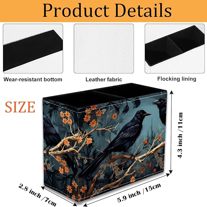 Pen Holder for Desk, PU Leather Multifunctional Desktop Storage Box and Anti-Slip Mouse Pad Set, Makeup Brush Holder Pen Organizer for Office and Home - Branch Crow
