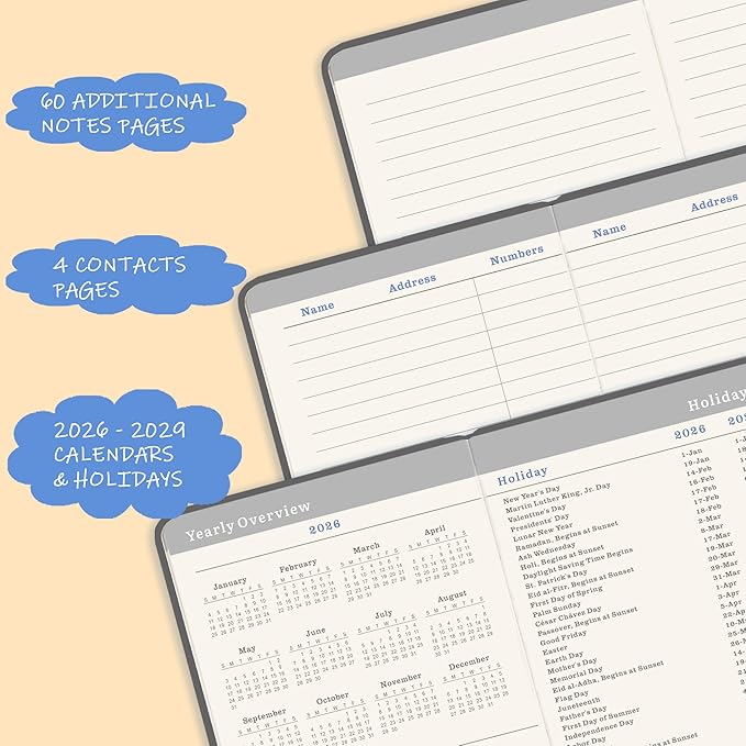 Pocket Planner 2026-2029 - 2026-2029 Monthly Planner, Pocket Calendar (36-Month) With 60 Notes Pages, Jul. 2026 - Jun. 2029, 6.2" x 4", 3-Year Planners with Contacts, Holidays and Pen Holder, Elastic Closure - Grey