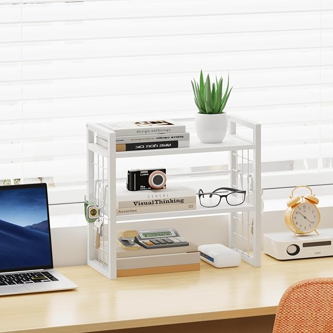 ELITEROO Desk Shelf Organizer, 2 Tier Wood Desktop Bookshelf Storage Rack, Freestanding Tabletop Organizer for Top of Desk, Office Supplies, Books & Decorations, White