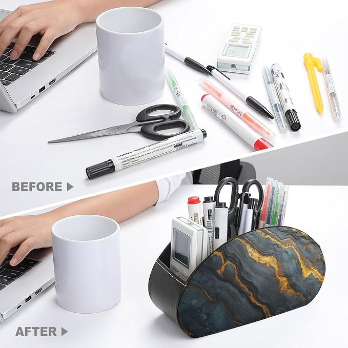 Black Glossy Marble Remote Control Holder with 5 Compartments Leather TV Remote Caddy Remote Storage Box Desktop Organizer for Pen/TV Remotes/Media Controllers/Office Supplies