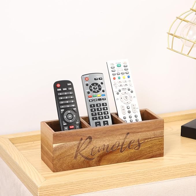 Remote Control Holder, Acacia Wooden Pencil Holder TV Remote Holder with 3 Compartments, Remote Caddy for Table, Small Desktop Organizer for Home Office