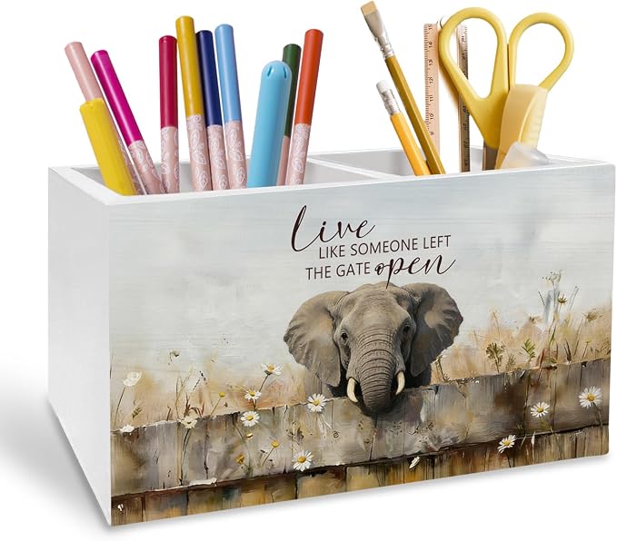 Rustic Elephant Pen Holder for Desk, Elephant Lover Gifts Pencil Organizer, Live Like Someone Left the Gate Wooden Box Sign Desk Decor for Farmhouse Home Office Decoration