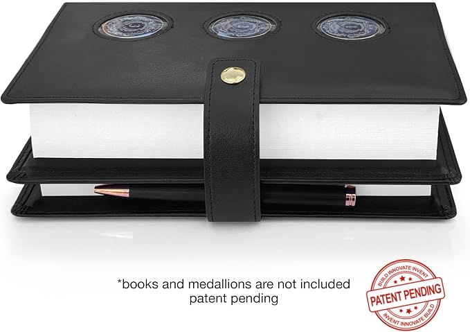 GALILEO® 3-Coin Pocket Double AA Book Cover | Showcase Your Journey | 12 Steps & 12 Traditions | PU Leather Coin Holder | AA Gift | Alcoholics Anonymous (Pure Black/ 3 Medallion Pockets)