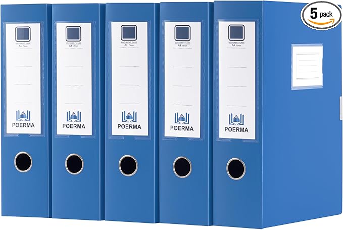 Storage File Boxes A4, 5 Pack Foldable Plastic Archives Cases with Lid, 30.8 x 23.5 x 7.5cm, Document File Folder Organizer Storage Filing Box for Office School, Blue