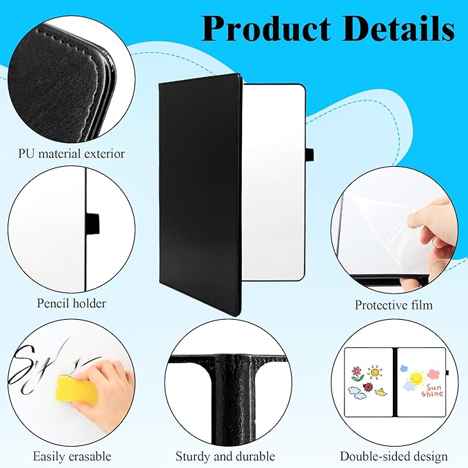 Double-Sided Magnetic Dry Erase Notebook, 9 x 12in Portable White Boards Dry Erase, Foldable Whiteboard Reusable Notebook, Dry-Erase Notebooks with 6 Dry-Erase Pens, School, Office, Meetings