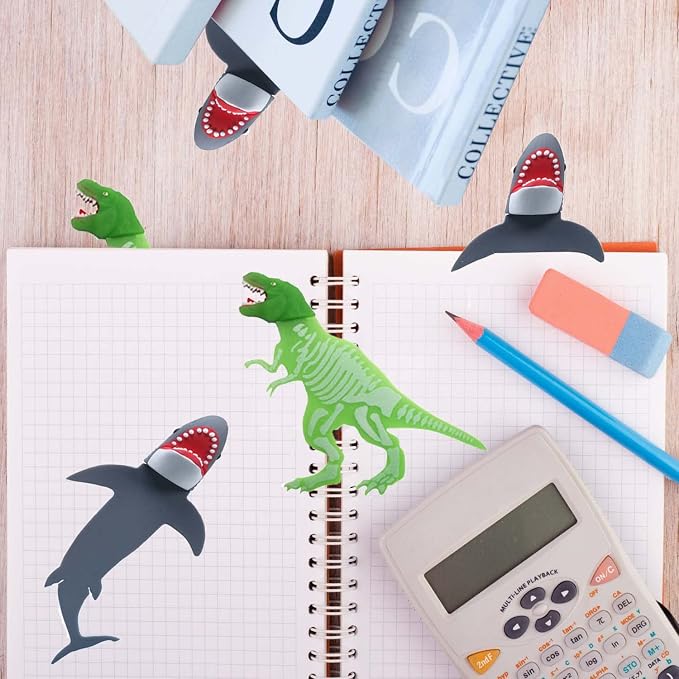 3D Cartoon Animal Book Marks，Funny Cute Pretty Unique Bookmark for Kids, Boys, Girls, Students and Reading Lovers (Luminous Dinosaur+Shark)