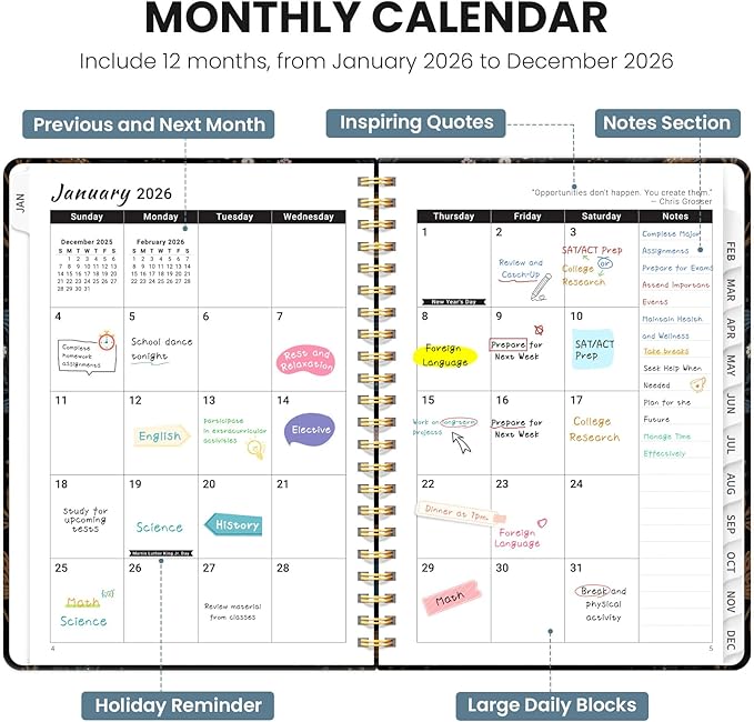 2026 Planner, Weekly and Monthly Planner for Women, January 2026 - December 2026, Hardcover 2026 Calendar Planner Book with Tabs, Inner Pocket, Spiral Bound, Perfect for Office Home School Supplies - A4 (8.5" x 11"), Vintage Petals