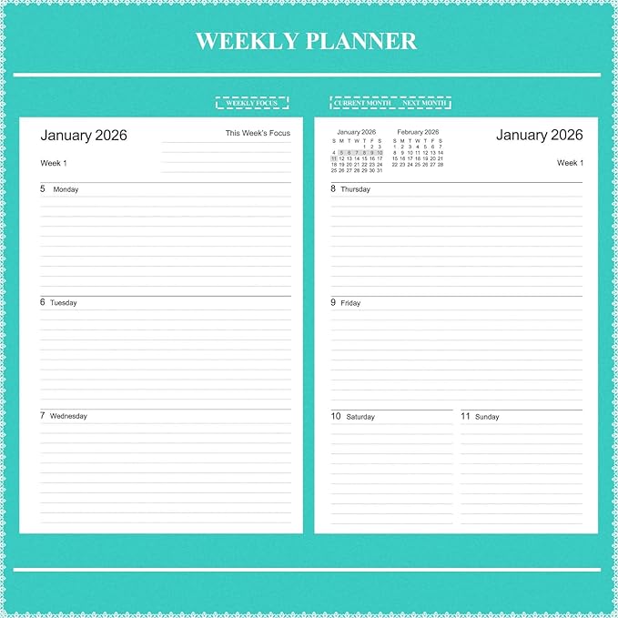 Tiankool Planner 2026, Jan 2026 - Dec 2026 Weekly Monthly Planner with 12 Monthly Tabs and Elastic Closure, Inner Pocket, Round Corner,5.8" x 8.25"- Turquoise