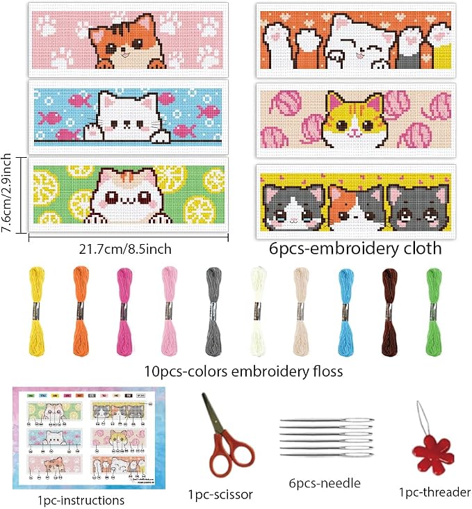 INFUNLY 6pcs Cartoon Cat DIY Cross Stitch Bookmark Kits for Beginner 8.66"×3.15" Cute Kitten Stamped Embroidery Kit with Instruction Pussycat Printed Bookmark Kits for Cat Lovers Book Readers Writers