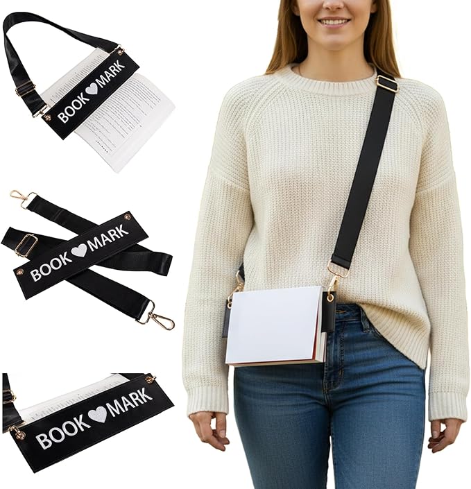 TIDOIRSA Crossbody Bookmark for Women - 10" Detachable Strap Embroidered Faux Leather Book Carrier Hands-Free, Unique Gift for Book Lovers (Black)