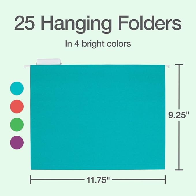 Oxford Hanging File Folders, 25 Pack, Letter Size (8.5" x 11"), 4 Tropical Colors, 5 Tab Positions, Includes Tabs and Inserts, Hanging Files for Office and Document Organization
