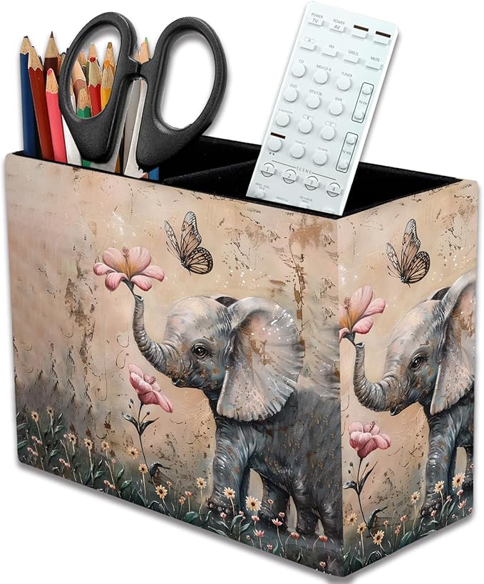 Pen Holder, Pencil Case, Makeup Brush Storage Box, Tableware Storage Box, Suitable for Office Or Home Item Organizing Stand - Cute Little Elephant Flower