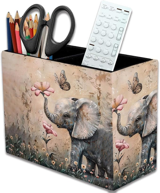 Pen Holder, Pencil Case, Makeup Brush Storage Box, Tableware Storage Box, Suitable for Office Or Home Item Organizing Stand - Cute Little Elephant Flower