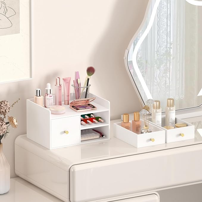 Bamboo Desk Organizer with Drawers Wooden Desktop Storage Drawers (1, White 3 Drawer)
