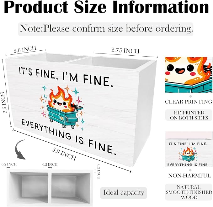 Humorous Dumpster Fire Pen Holder for Desk, It's Fine I'm Fine Funny Sarcastic Wooden Box Sign Desk Decor for Home Office Decoration, Dumpster Fire Gifts Pencil Organizer